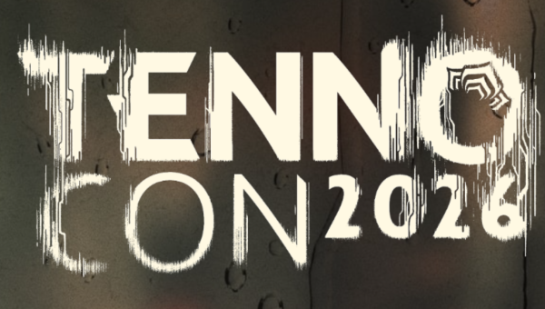 Logo for TennoCon 2026 with a stylized spider design integrated into the letter O on a dark textured background. Tennocon 2026 will take place at RBC Place London July 10-11 2026.