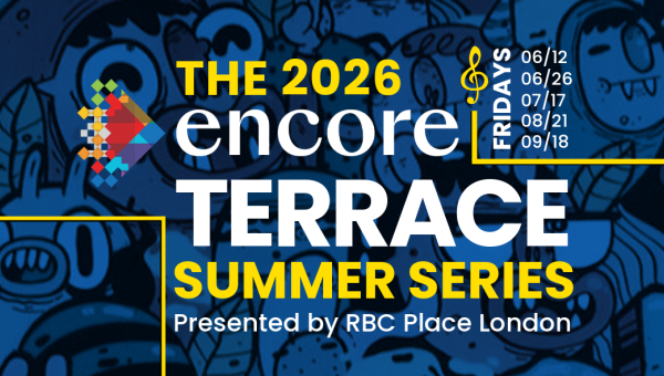 The 2026 Encore Terrace Summer Series event dates listed with a colorful logo on a blue graffiti background.