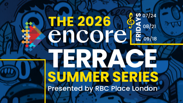 The 2026 Encore Terrace Summer Series event dates listed with a colorful logo on a blue graffiti background.