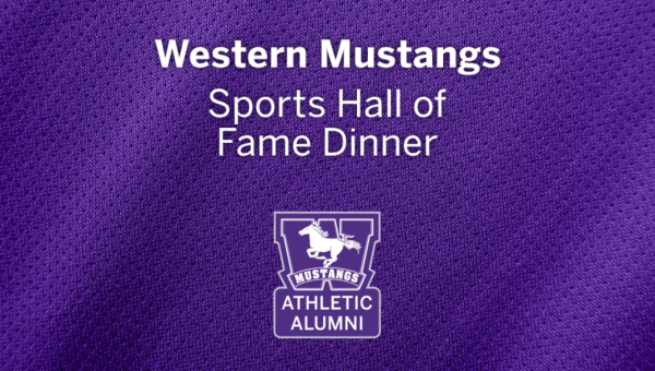 Western Mustangs Sports Hall of Fame Dinner event graphic, purple background with white text and Mustangs Logo