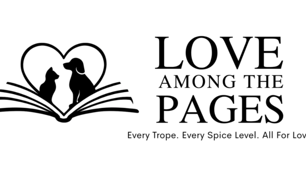 Love Among the Pages logo featuring a cat and dog sitting inside a heart above an open book with the tagline "Every Trope. Every Spice Level. All For Love."