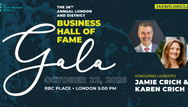Promotional banner for the 36th Annual London and District Business Hall of Fame Gala on October 22, 2026, at RBC Place London featuring Jamie Crich and Karen Crich.
