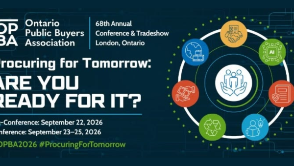 Banner for the 68th Annual Ontario Public Buyers Association Conference and Tradeshow at RBC Place London highlighting 'Procuring for Tomorrow: Are You Ready for It?'.