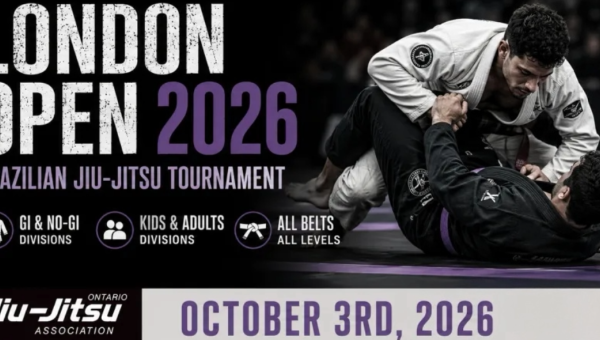 Two Brazilian Jiu-Jitsu athletes grappling on the mat promoting London Open 2026 tournament on October 3rd at RBC Place London with divisions for all ages and belt levels.