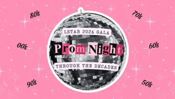 Shiny disco ball on pink background with decades from 50s to 00s and text promoting LSTAR 2026 Gala Prom Night theme.